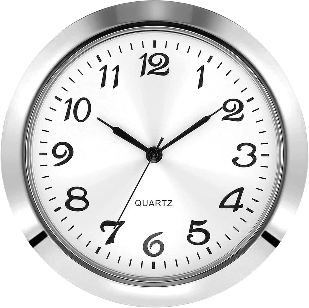 2-1/8 Inch (55 mm) Quartz Clock Insert, Zinc-Alloy Metal Case, Arabic Numeral, White Face (Silver)