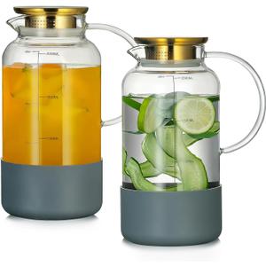 Buaic Glass Pitcher with Lid, 2 PACK 68 oz/2L Water Pitcher with Silicone Base and Precise Scale LineBorosilicate Glass Water Carafe for Coffee, Lemonade, Iced SunTea,Beverage,Water Glass Jug (Clear)