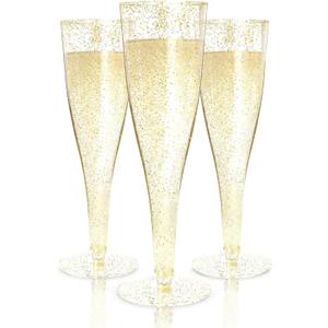 Prestee 100 Gold Plastic Champagne Flutes - 4.5 oz Disposable Champagne Glasses for Toasting at Weddings, Mimosas, Cocktails, Great Gatsby Party Decorations, and Events, Gold Glitter