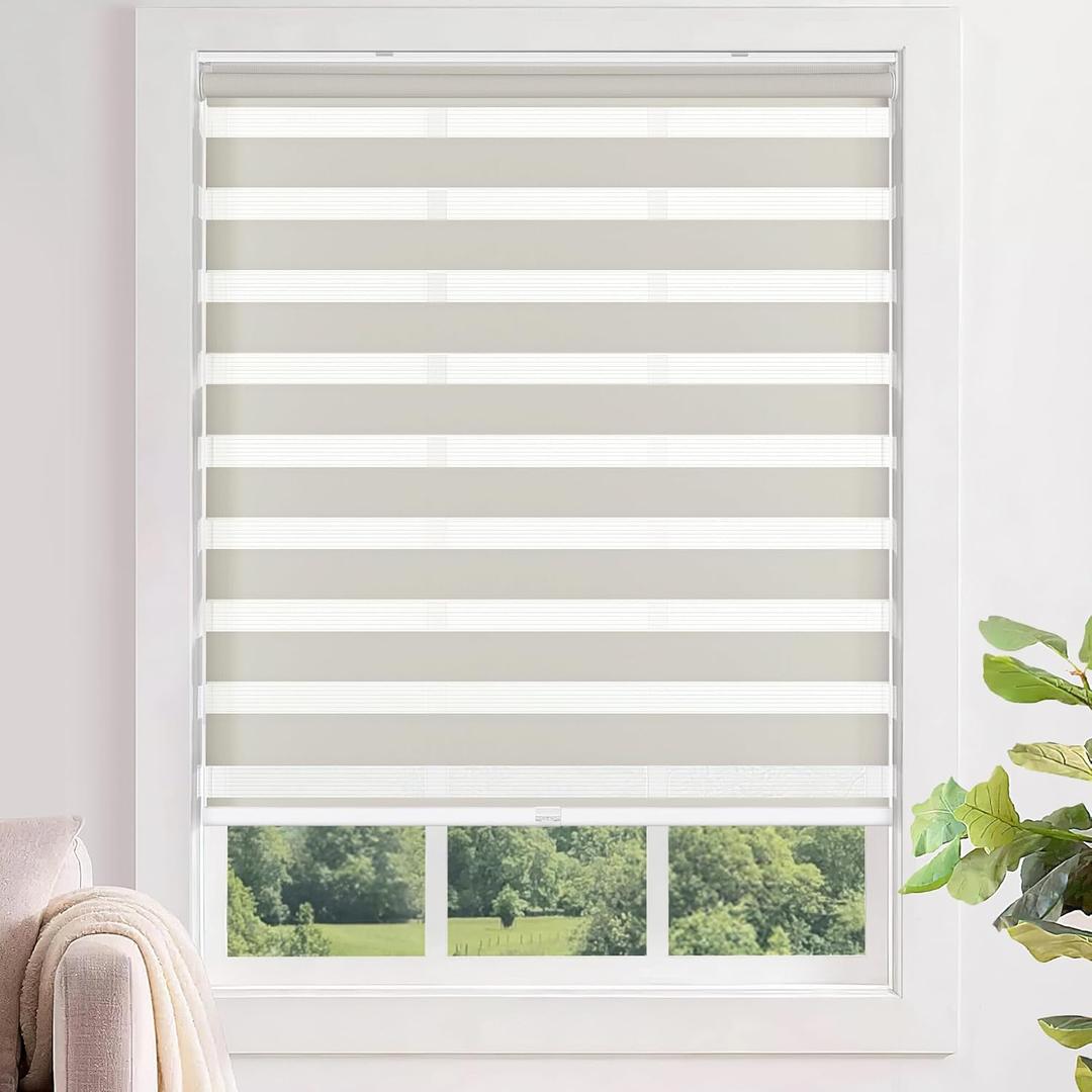 LazBlinds No Tools No Drill Cordless Zebra Blinds for Windows, Dual Layer Light Control for Day and Night, Light Filtering Privacy Roller Blinds and Shades for Home, 35" W x 48" H, Stone Grey