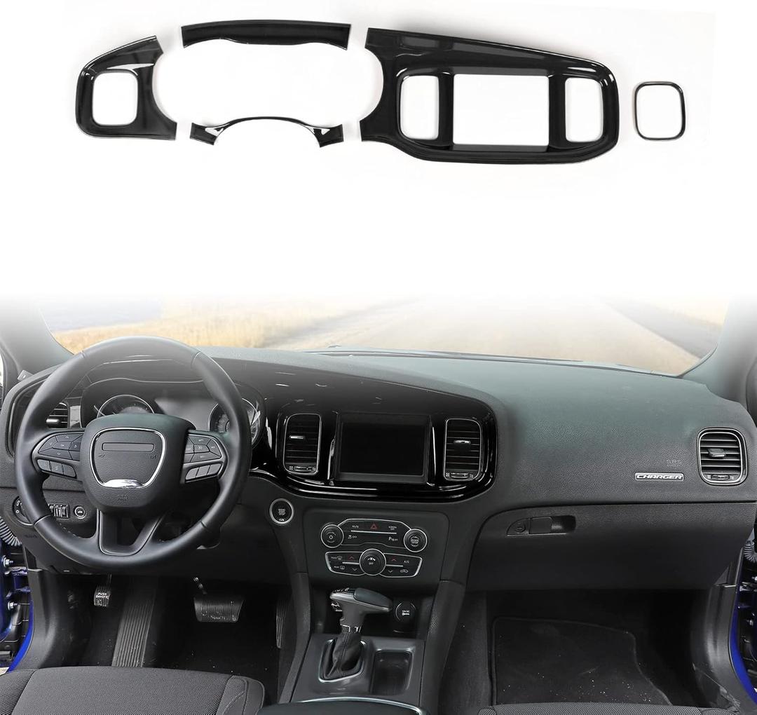 JWWY for Charger Center Consoles Dash Board Dashboard Instrument Gauge Cluster Dash Fascia Trim Panel Garnish Bezel for 2015-2024+ Dodge Charger Interior Accessories, ABS Bright Black 5pcs
