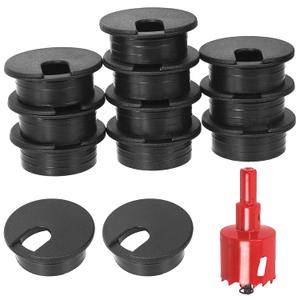Swpeet 11Pcs Black Desk Cable Wire Grommet Cord with Hole Saw, Tidy Cable Hole Cover Organizers, Desk Wire Cord Cable Grommets Hole Cover, 1Pcs 1.38Inch_35mm Tools Hole Saw with Arbor for Office Desk