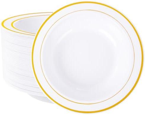 Nervure 50 Pack Plastic Bowls with Gold Rim - 12oz Disposable Soup Bowls - Heavy Duty Dessert & Salad Bowl & Ice Cream Bowl for Weddings, Parties, Mother's Day, Father's Day, and Everyday Use