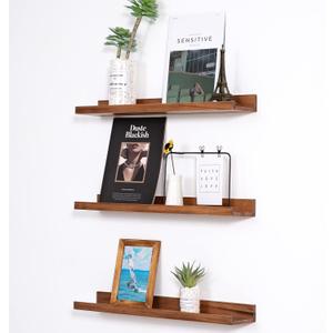 MBYD Floating Wall Shelves Wood Photo Picture Ledge Shelf, 24 Inch Light Walnut Nursery Kids Bookshelf 3 Same Sizes, Kitchen Spice Rack Bathroom Storage Shelves, Wall Mounted Shelves for Bedroom