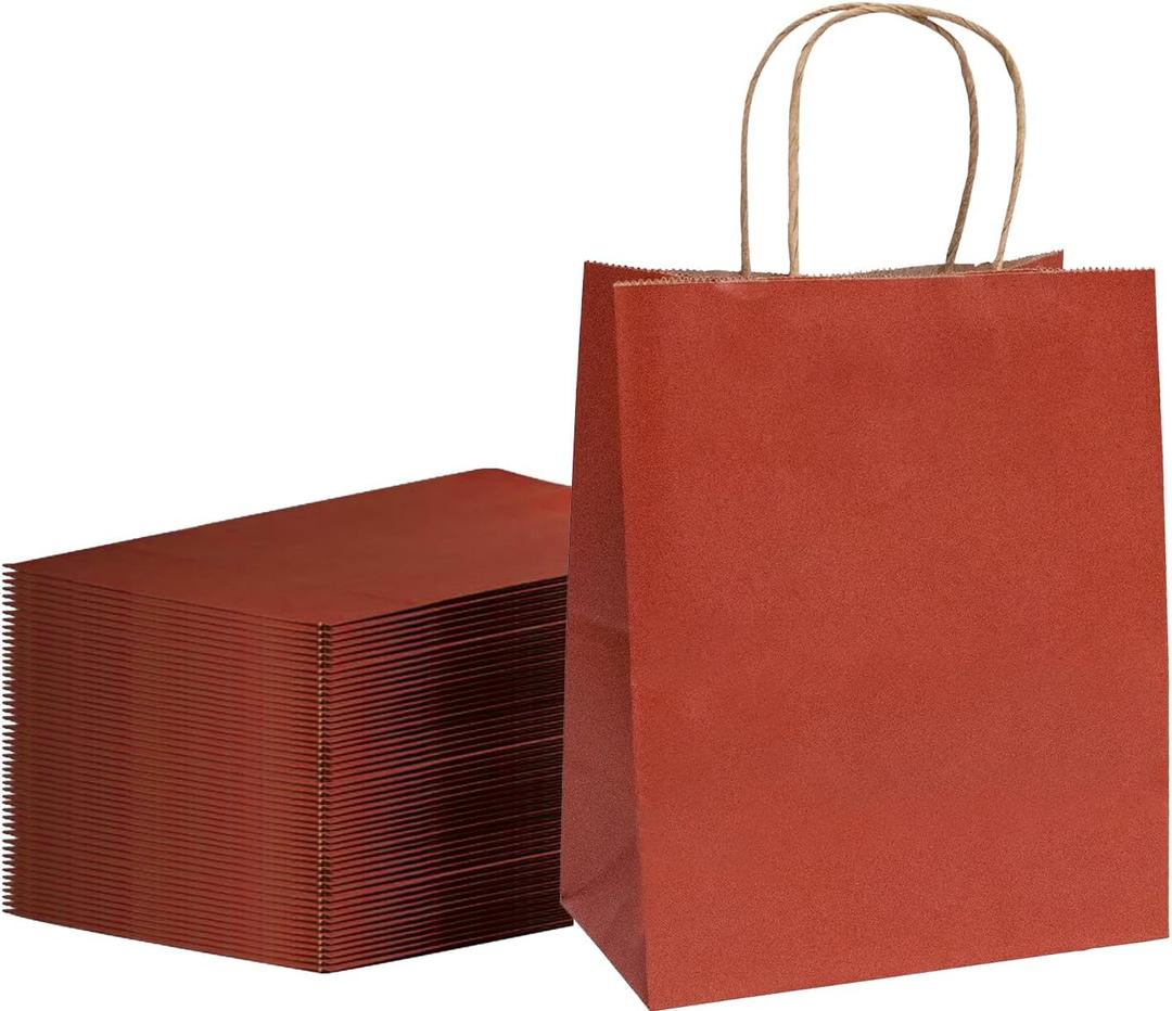 FACEBAG 100-Pack Red Paper Bags with Handles Bulk,8x4.25x10.5 Inch Gift Bags, Red Kraft Paper Bags, Applicable to Retail, Party, Shopping, FestivalReusable & Durable