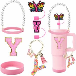 7pcs Cup Accessories for Stanley 30/40oz Tumbler, Handle Strap, Straw Cover, Silicone Boot, Letter Charm Stickers (Pink)