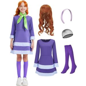 Halloween Costume for Girls - Deluxe Purple Skirt Set with Wig, Socks & Accessories (S(5-6Years))