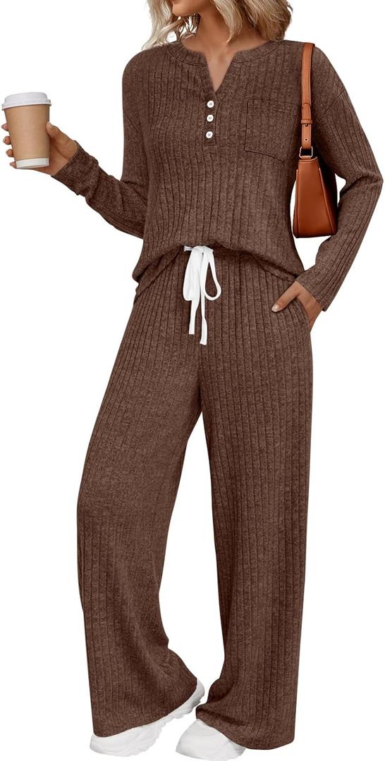 LILLUSORY Womens 2 Piece Lounge Sets Matching Airport Travel Outfits 2026 Spring Clothing Fall Pajamas Sweat Suits Pockets (Small, Chocolate Brown)