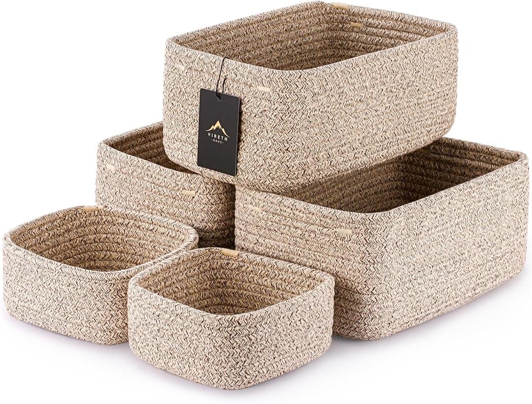 VIRETH HAUS 5-Pack Small Woven Rope Storage Baskets  2 Sizes Organizer Bins for Closet, Shelf, Bookshelf, Nursery, Changing Table, Fabric Cube Boxes, Rectangular Shallow Bins for Bathroom, Toy & Home (11.81*7.48*4.72'' & 5.91*5.91*2.56'', Natural)