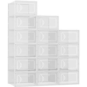 Shoe Storage Box, 15 Pack Clear Plastic Stackable Shoe Organizer for Closet, Interlocking Design Shoe Container Bins for Sneakers, Foldable Shoe Rack with Lids, White