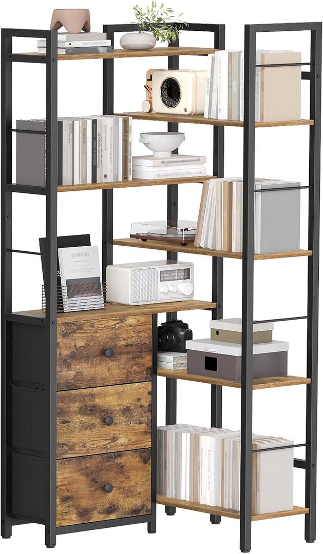 Corner Bookshelf, 7 Tier Bookcase with 3 Drawers, Storage Corner Shelf, Freestanding Tall L-Shaped Display Shelf, Industrial Style, for Living Room, Home Office, Rustic Brown and Black SJ10BR, 68 centimeters x 68 centimeters x 165 centimeters