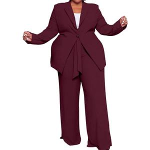 IyMoo Plus Size Suits for Women Business Open Front Long Sleeve Blazer Elastic Waist Solid Straight Leg Pant Set Suits (3X-Large, Wine Red)