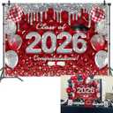 Red Graduation Backdrop Class of 2026 Photoshoot Background 2026 Congrats Grad Congratulations Party Decoration Banner Photo Props (red, 7x5FT(82 x 59 inch))