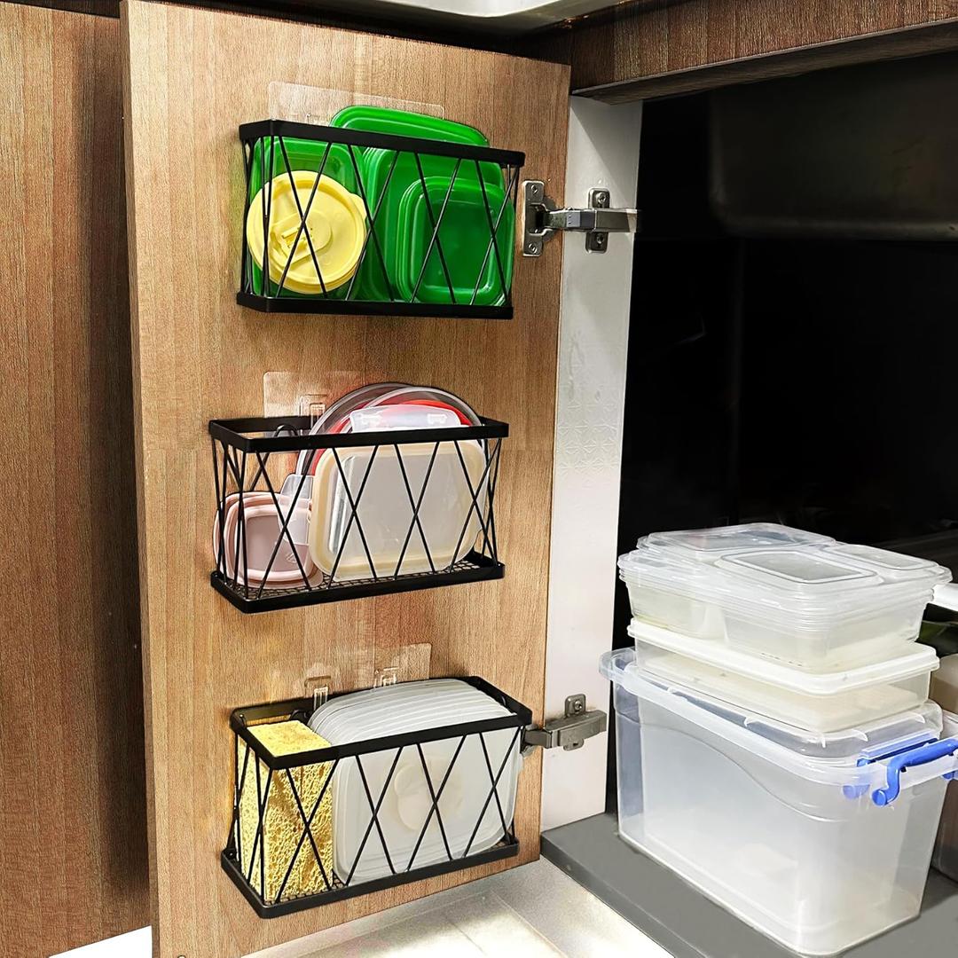 Tupperware Organizer for Cabinet, Adhesive Cabinet Door Organizer Wall Mounted Lid Organizer No Drill Kitchen Cabinet Organizers Storage for Slim Space 3 Pcs Black Stainless Steel