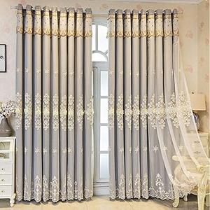 Amidoudou 1 Pair European Double Layer Curtains Luxury Embroidered Curtains for Living Room Bedroom (Grey,52x90 Inch)