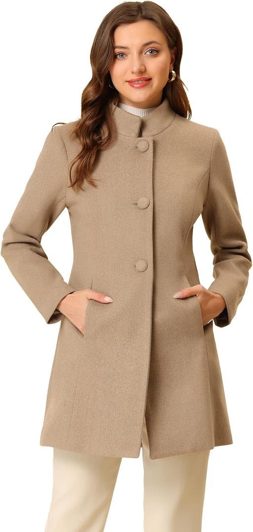 Allegra K Women's Winter Overcoat Mid-Long Stand Collar Single Breasted Coat Outerwear (Brown, Small)