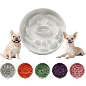 Ceramic Slow Feeder Dog Bowl - Feeding Dish for Fast Eaters - Maze Dog Bowl to Slow Down Eating - Ideal Food Control Dish for Small Breeds - 0.8 Cups (80g) - 6.3 Inch - White