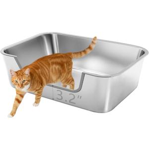 Low Entry Stainless Steel Litter Box for Senior Cats, Metal Large Litter Boxes, XL Extra Cat Litter Pan for Injured Cat & Big Cats, Easy to Clean, Non-Stick, Odor-Free, 23.6" L15.7" W5.9" H