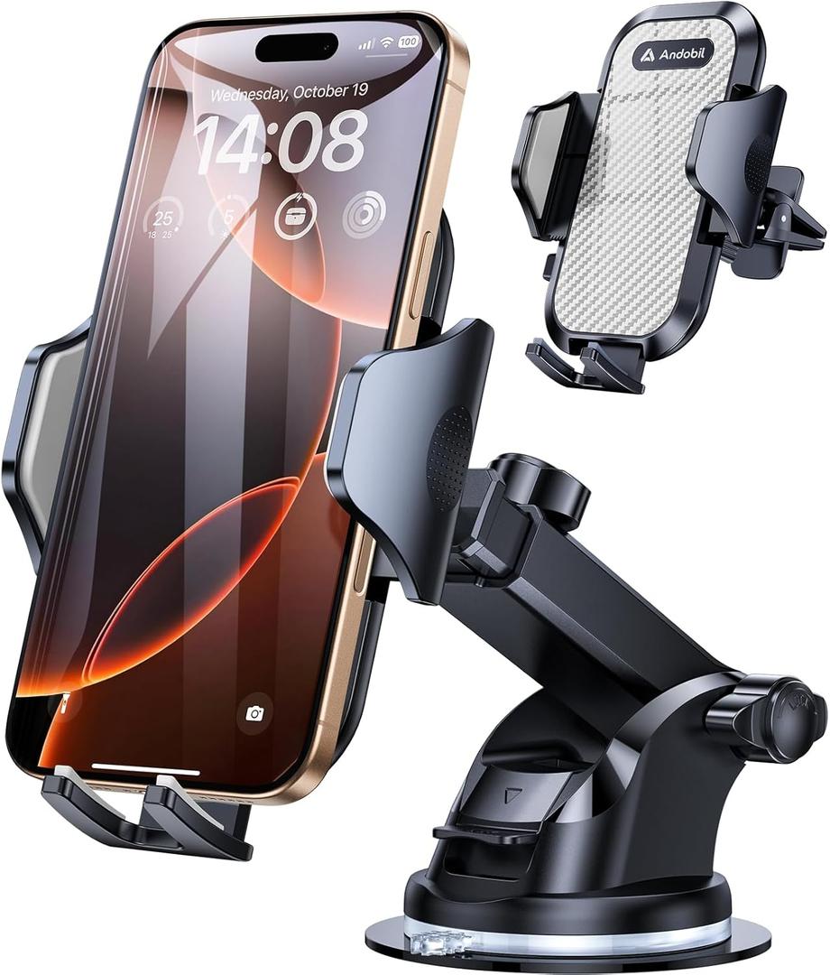 andobil Car Phone Mount [Ultra Stable & Big Phones Friendly] Cell Phone Holders for Your Car Dashboard Windshield Vent Truck, Car Phone Holder Mount for iPhone 16 15 14 13 12 Pro Max Samsung S24 S23 (Silver)