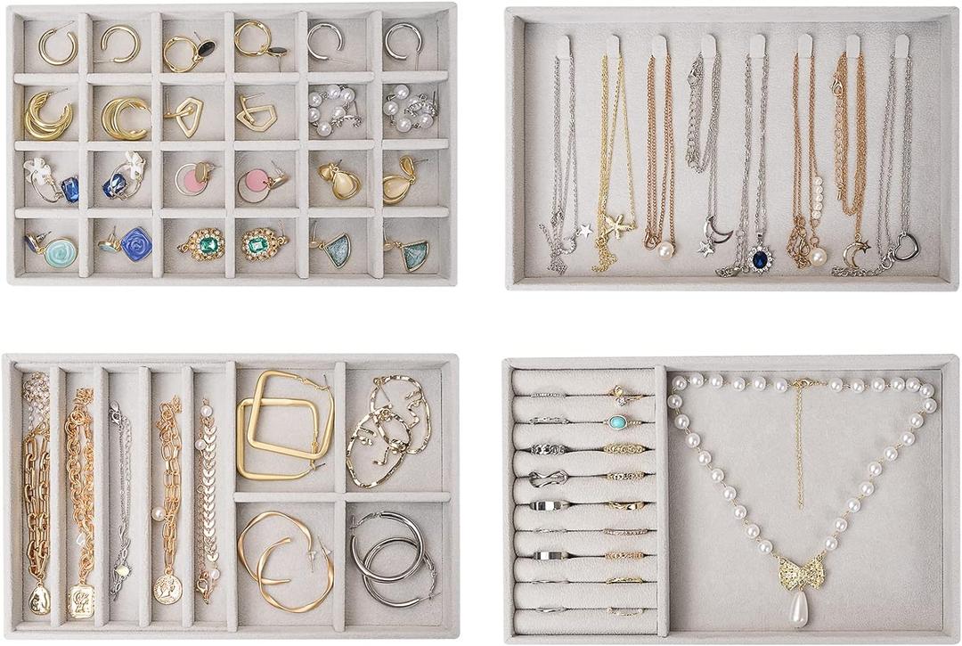 ProCase Stackable Jewelry Organizer Trays for Drawers, Jewelry Drawer Inserts Container Display Case Storage for Earring Necklace Rings Bracelet with Removable Dividers -Grey, 4 Layers