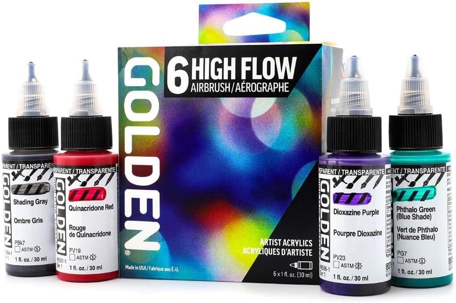 High Flow Acrylics by GOLDEN, High Flow Airbrush Set, 6 Colors, Professional Acrylic Paint, 6 Fl Oz