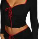 Womens Sexy Long Sleeve Bow Square Neck Baby Tees Contrast Trim Basic Crop Tops (Medium, Black Red)
