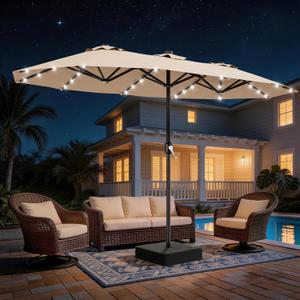 AreShark 13 FT Patio Umbrella with Solar Lights, Double-Sided Outdoor Table Umbrellas with Crank, Large Rectangular Market Umbrella for Porch, Lawn, Pool, Backyard, Beige