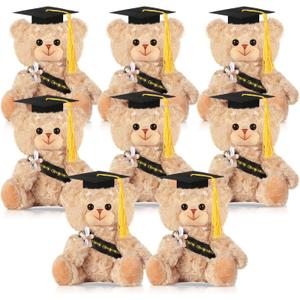 Sotiff 8 Pcs Plush Bear Bulk 7 Inch Stuffed Animal Bear with Graduation Hat and Diploma Gift for Friend, Relative, Preschool, College, High School Graduation Party (Khaki)