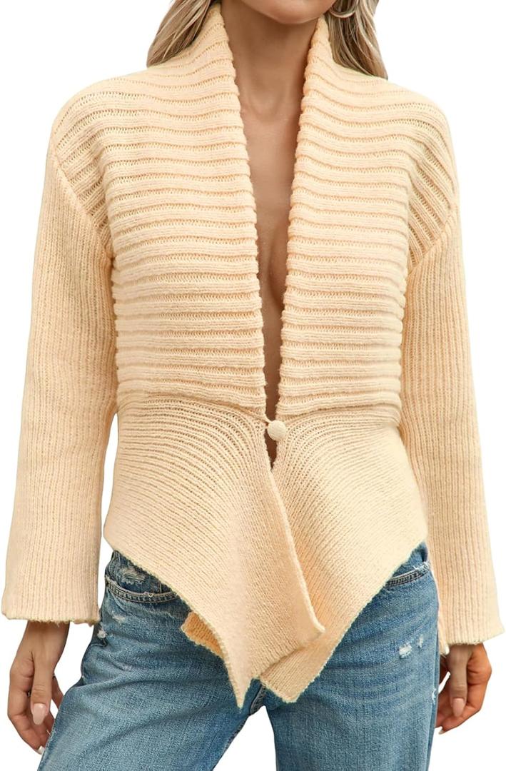 Womens Cardigan Sweaters 2025 Fall Trendy Chunky Open Front Sweater Long Sleeve Oversized Knitted Outerwear Coats (Beige)