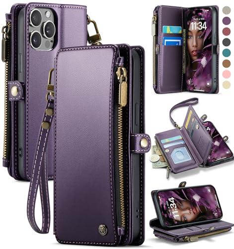 Defencase Compatible with iPhone 14 Pro Case Wallet with RFID Blocking Card Holder for Women Men, Soft PU Leather Magnetic Snap Flip Zipper Strap Wallet Phone Case Fit for iPhone 14 Pro 6.1", Purple