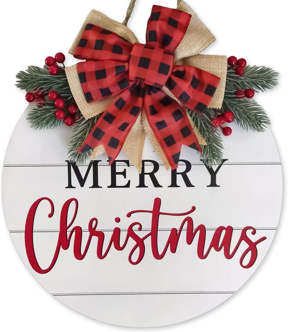 Merry Christmas Front Door Sign Vintage Wooden Xmas Hanging Wreath White Red Farmhouse Holiday Welcome Hanger for Tree Wall Window Porch Garden Home Decor Christmas Decoration Outdoor Indoor