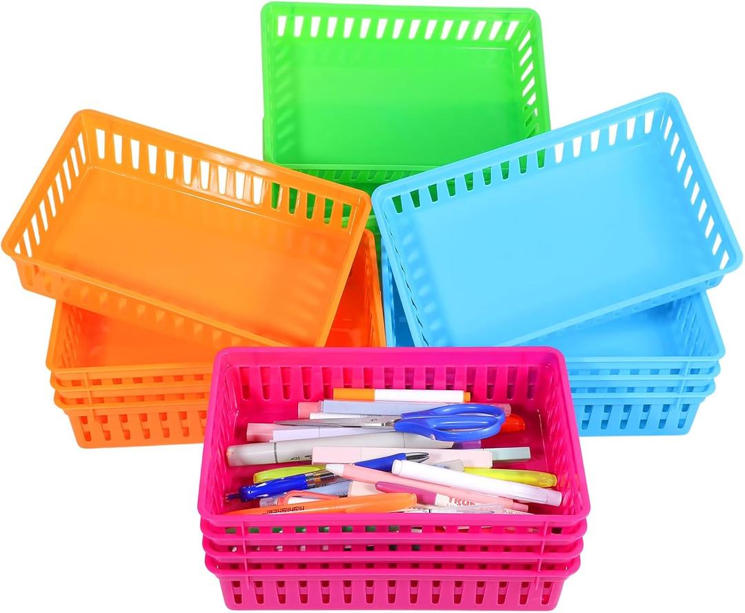 16 Pack Plastic Baskets for Organizing,Classroom Storage Baskets Bins,Small Plastic Basket Pencil Basket,Colorful Storage Trays for Paper, Desk, Shelf, Home Office(9.45" L x 6.5" W x 2.36" H)