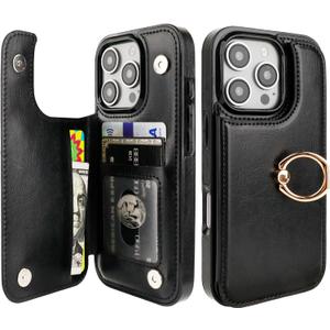 ONETOP for iPhone 16 Pro Wallet Case with Card Holder, 360 Rotation Ring Kickstand RFID Blocking PU Leather Double Magnetic Clasp Shockproof Cover for Women and Girls 6.3 Inch (Black)