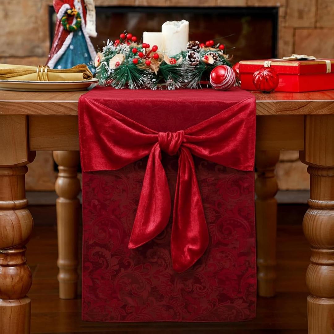 Velvet Red Bow Christmas Table Runner 72 Inches Vintage Christmas Dining Decor Burgundy Table Runner Rustic Bows Kitchen Tablecloths for Holiday Room Home Winter Kitchen Decoration