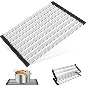 17.7" x 12.8" Roll-Up Dish Drying Rack Over Sink - Kitchen Sink Cover and Organizer Gadget with Foldable Stainless Steel Drainer and Sink Mat, Silver Dish Rack - Small