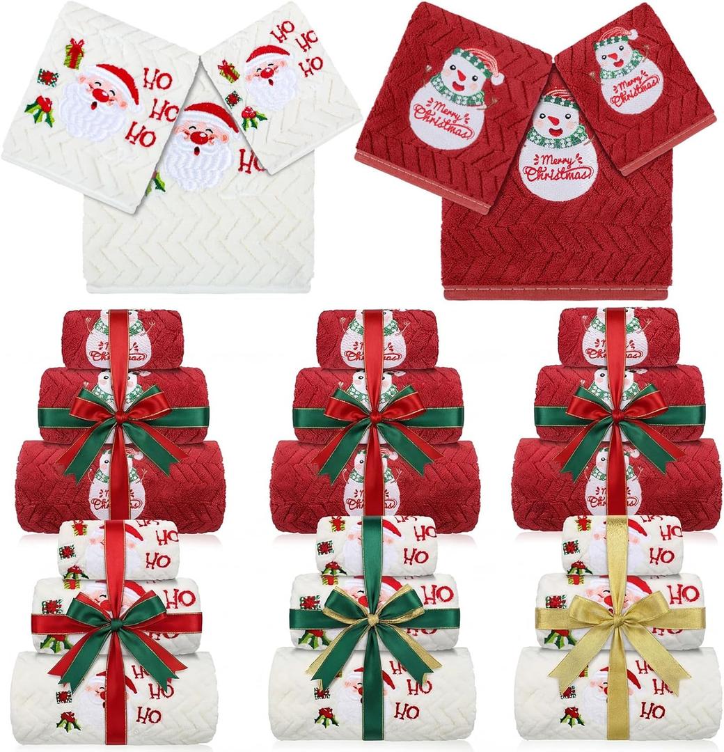 Gilprop 18 Pcs Christmas Bath Towels Set, 6 Bath Towels & 6 Hand Towel & 6 Wash Cloths Santa Claus Snowman Embroidered Absorbent Towel for Xmas Home Bathroom Kitchen Holiday Decor