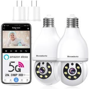 2 x 2K Light Bulb Security Camera,5G&2.4GHz WiFi 360 Motion Tracking, Color Night Vision, Alexa Compatible, Wireless WiFi Security Camera with Two-Way Audio, SD/Cloud Storage and Smart Alerts