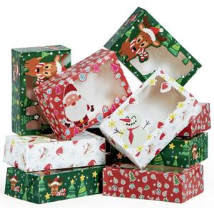 JOYIN 24 PCS Christmas Foil Treats Cookie Gift Boxes (8.75" x 5.75" x 2.75") Colorful Pattern Bakery Box with Window for Xmas Holiday Birthday Party Pastries, Cupcakes, Brownies, Donuts Gift-Giving