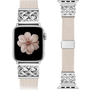 TOYOUTHS Braided Magnetic Band Compatible with Apple Watch Bands 38/40/41/42/44/45/46/49mm Women Men, Dressy Celtic Metal Stretchy Elastic Strap for iWatch Series 11 10 9 8 7 6 5 4 SE/Ultra 3 2 1 (Starlight/Silver)