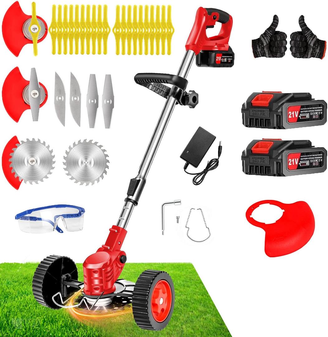 21V Cordless Weed Wacker with Wheels, 3-in-1 String Trimmer/Lawn Edger/Brush Cutter, 2x2.0Ah Battery & 3 Blades, Adjustable Height, Lightweight & Easy for Thick Weeds & Small Yards – Homeowner, 33-47 inches