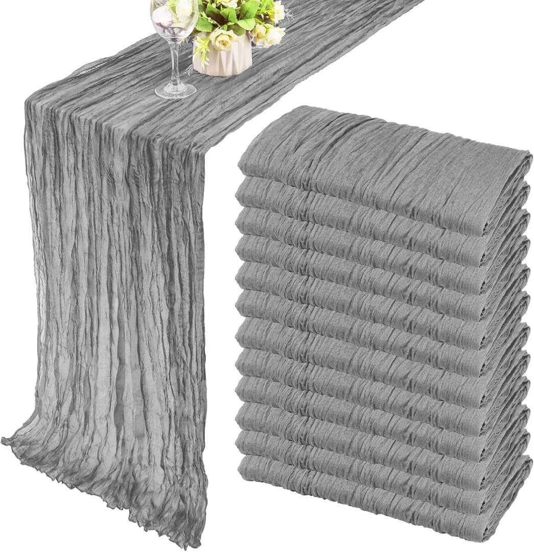 12 Pack 10Ft Cheesecloth Boho Gauze Table Runner - 35x120 Inch Rustic Cheese Cloth Long Table Runner for Wedding, Bridal Shower, Birthday Party Decor (Gray) (Grey)
