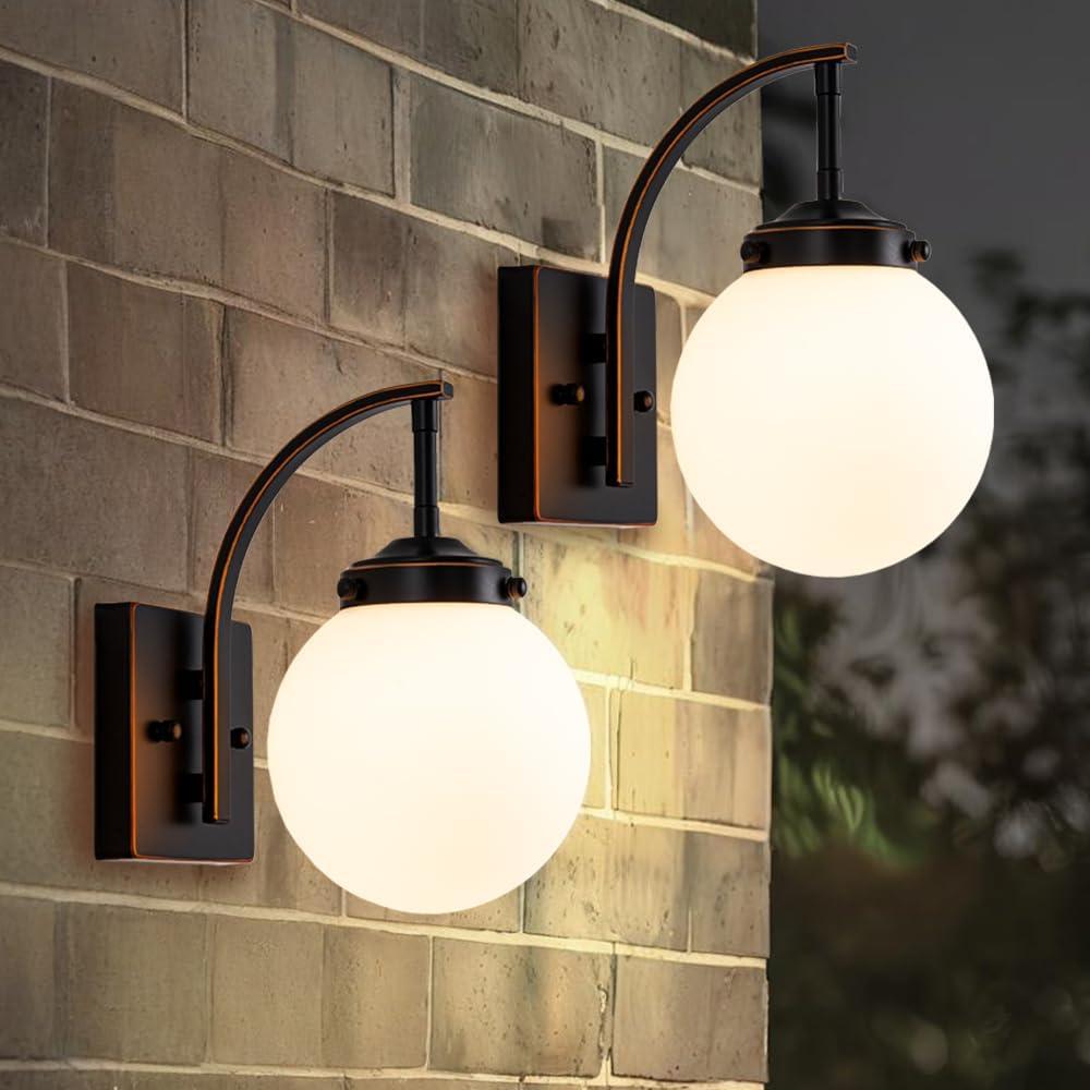 Outdoor Wall Sconce Set of 2, Modern Front Porch Lights for House, Exterior Light Fixture Wall Mount with Frosted Glass Globe Patio, Indoor Sconce Lighting for Bathroom, E26 Base