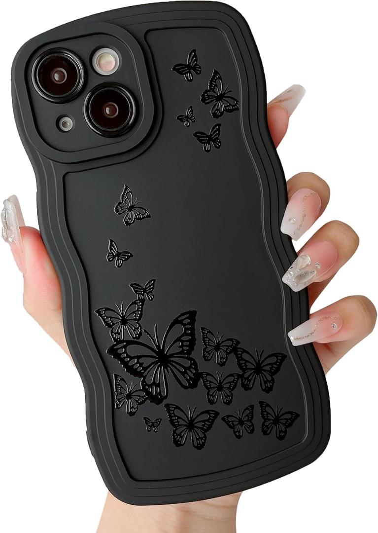 ZTOFERA Wavy Phone Case for iPhone 14,Unique Curly Wave Frame & Butterfly Pattern,Black Soft Liquid Silicone Anti-Fingerprint Shockproof Full Cover & Lens Protective Case for iPhone 14-Butterfly