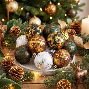 Leinuosen 12 Pcs Neutral Textured Christmas Ball Ornaments, 2.36 inch Vintage Copper Glitter Brown White Black White Painted Plastic Rustic Hanging Balls for Xmas Tree Farmhouse Decor