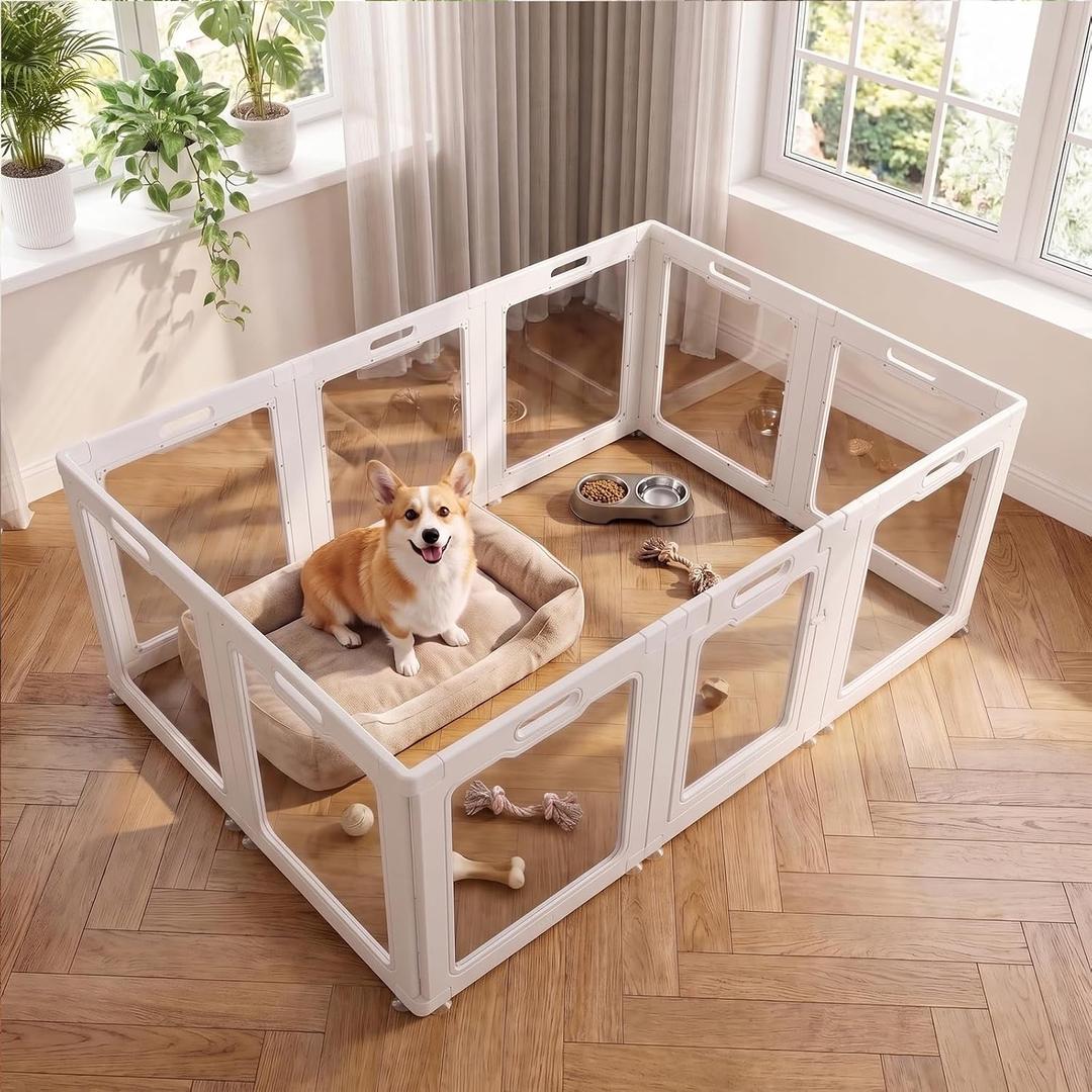 Clear Acrylic Dog Playpen Indoor,Non-Slip Design,Door Lock,Tool-Free Assembly,Safe Transparent Pet Exercise Pen for Home(10Panel,White