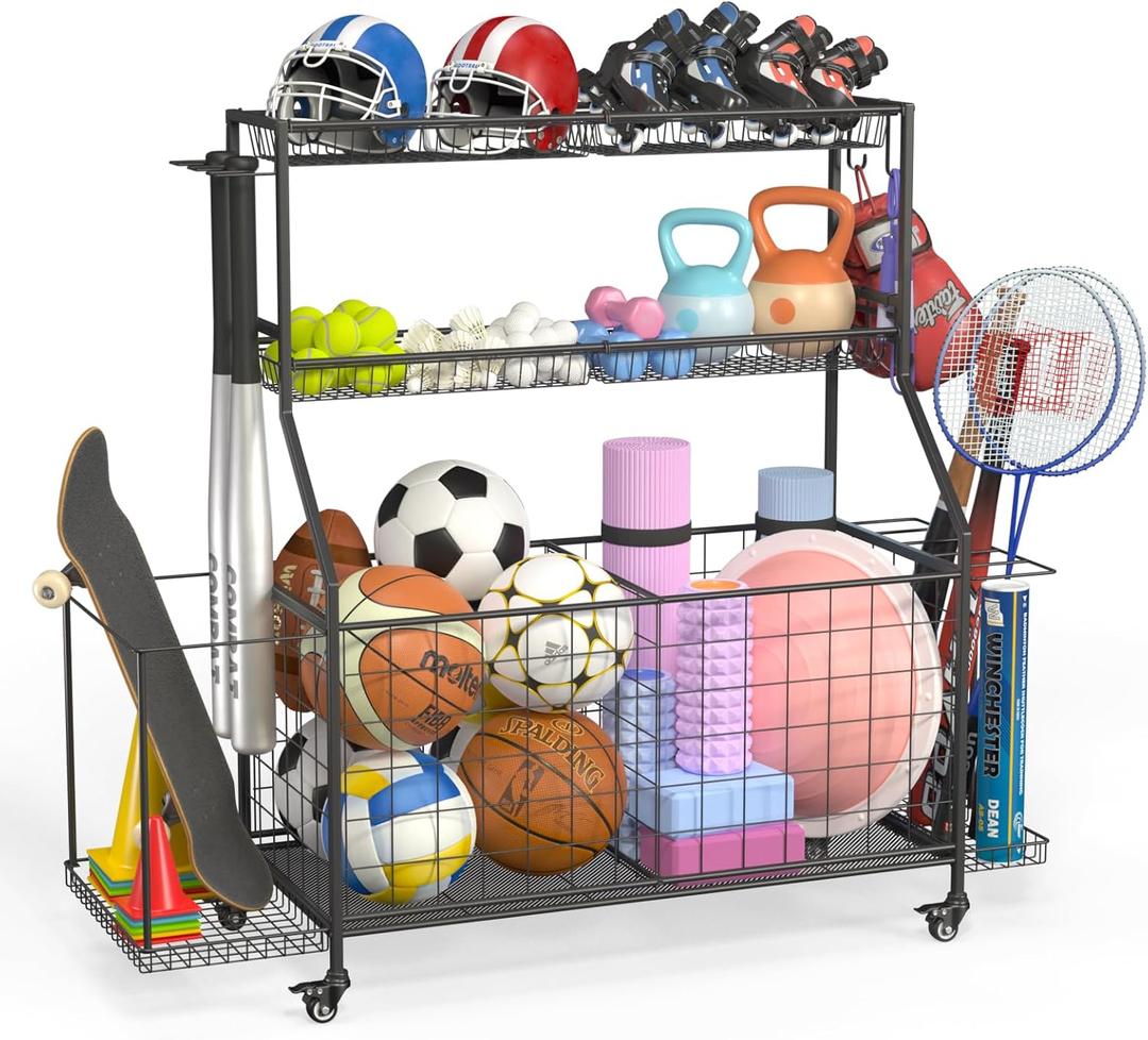 Sports Equipment Organizer, Garage Ball Storage Racks - Outdoor Toy Storage with 2 Side Racks & Removable Baskets, Heavy-Duty Garage Rolling Ball Cart with Wheels, Hooks for Sports Gear, Toys (Large)
