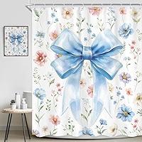 Ufeela Blue Bow Floral Shower Curtain 60Wx72L Inch Spring Watercolor Bowknot Pastel Wildflower Pretty Aesthetic Coquette Girly Women Bathroom Set Elegant Bath Curtain Bathtub Accessories Home Decor