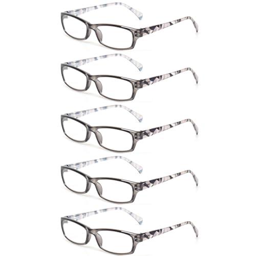 Kerecsen Reading Glasses 5 Pairs Fashion Ladies Readers Spring Hinge with Pattern Print Eyeglasses for Women (5 Grey, 2.25, x)