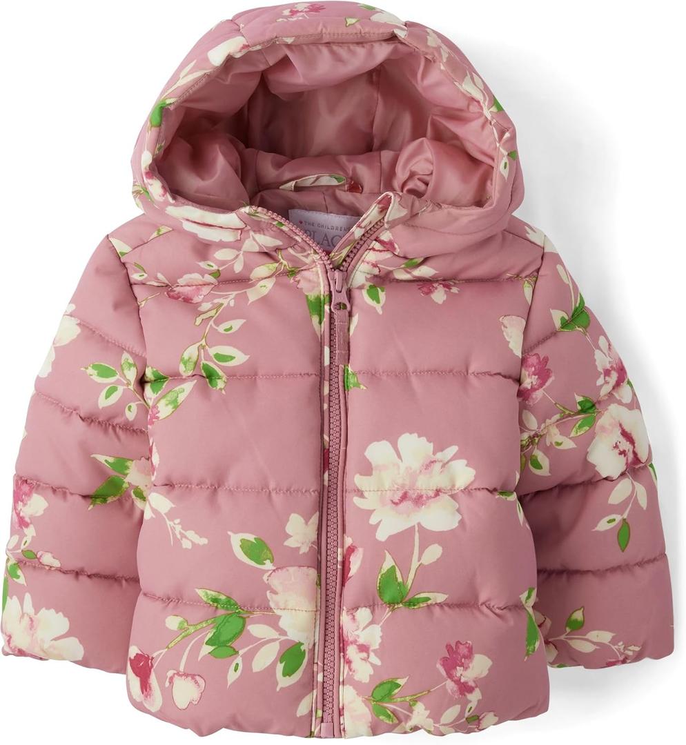 The Children's Place Baby and Toddler Girls' Medium Weight Wind-Resistant, Water-Resistant Puffer Jacket (4T, Mauve Floral)