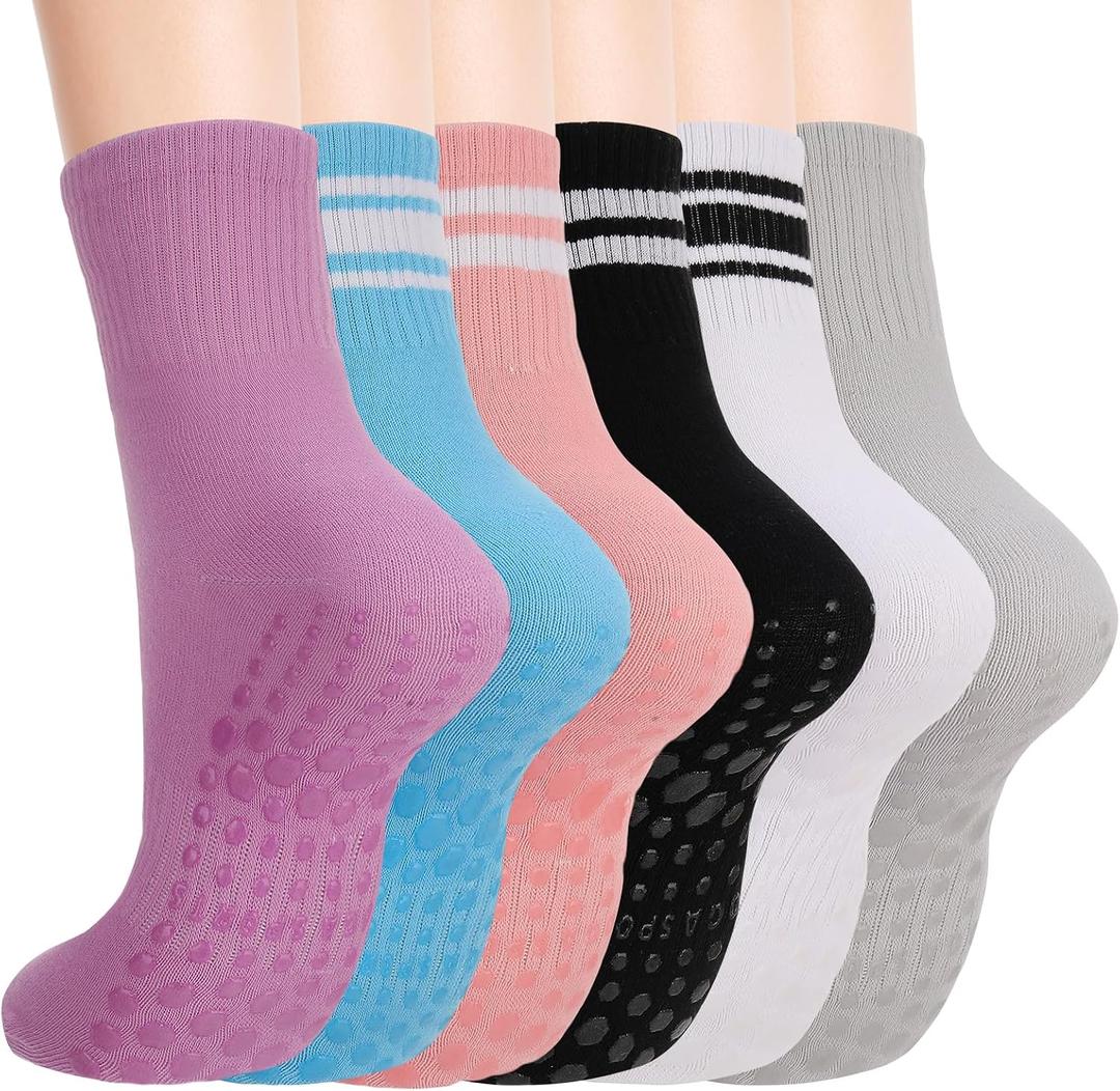 6 Pack Pilates Grip Socks for Women Striped Non-Slip Yoga Socks | Grippy Barre Workout Socks for Ballet Dance Barefoot Workout